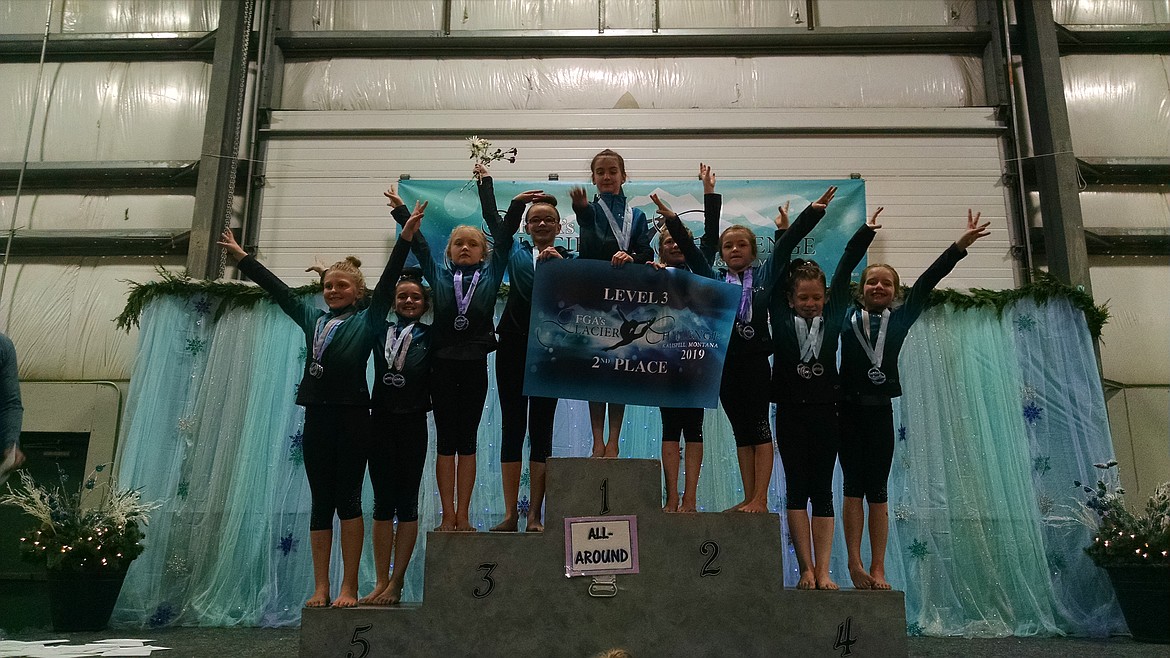 Courtesy photo
Technique Gymnastics Level 3s took 2nd Place Team at The Glacier Challenge in Kalispell, Mont. From left are Laila Gilbreath, Elizabeth Hoare, Lillian Welton, Allison Porcello, Emily Russell, McKenzie Labelle, Madeleine Hoare, Karlie Mosqueda and Zoey Fletcher.