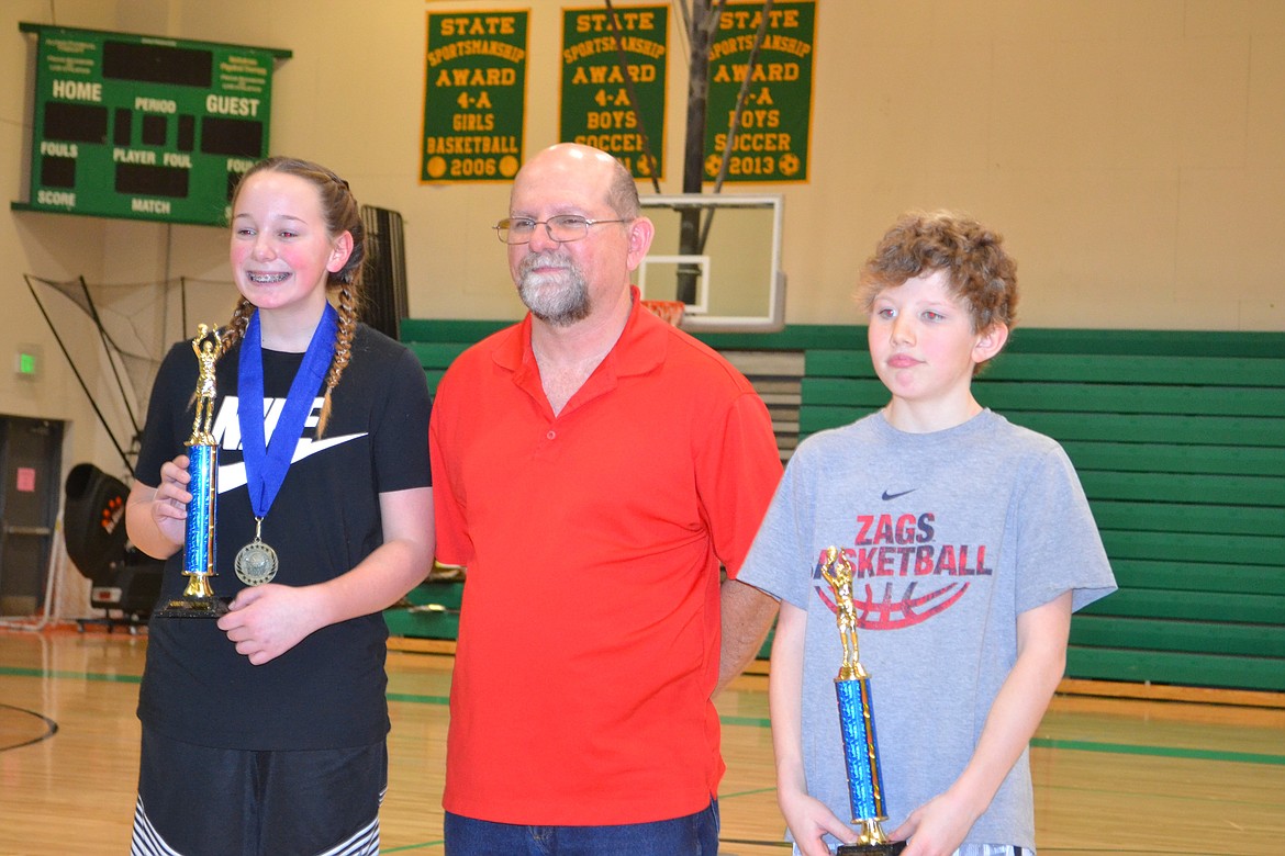 Courtesy photo
Winners of this year&#146;s Waide Hamner Top Gun awards for the top scores regardless of age group from the Coeur d&#146;Alene Elks Hoop Shoot Jan. 13 at Lakeland High are, Kamryn Pickford, left, and Stockton Montague, right. At center is Hoop Shoot Director Rick Alexander.