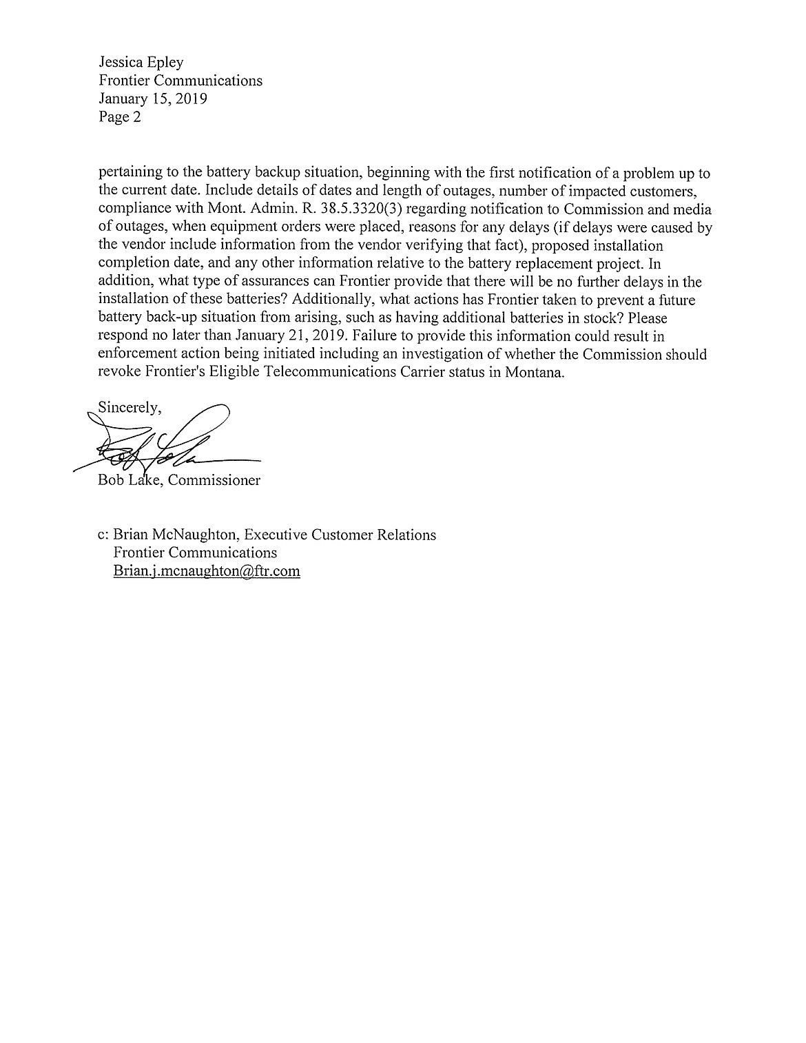 The second page of the letter the Montana Public Service Comission sent to Frontier Communications on Jan. 15, 2019.