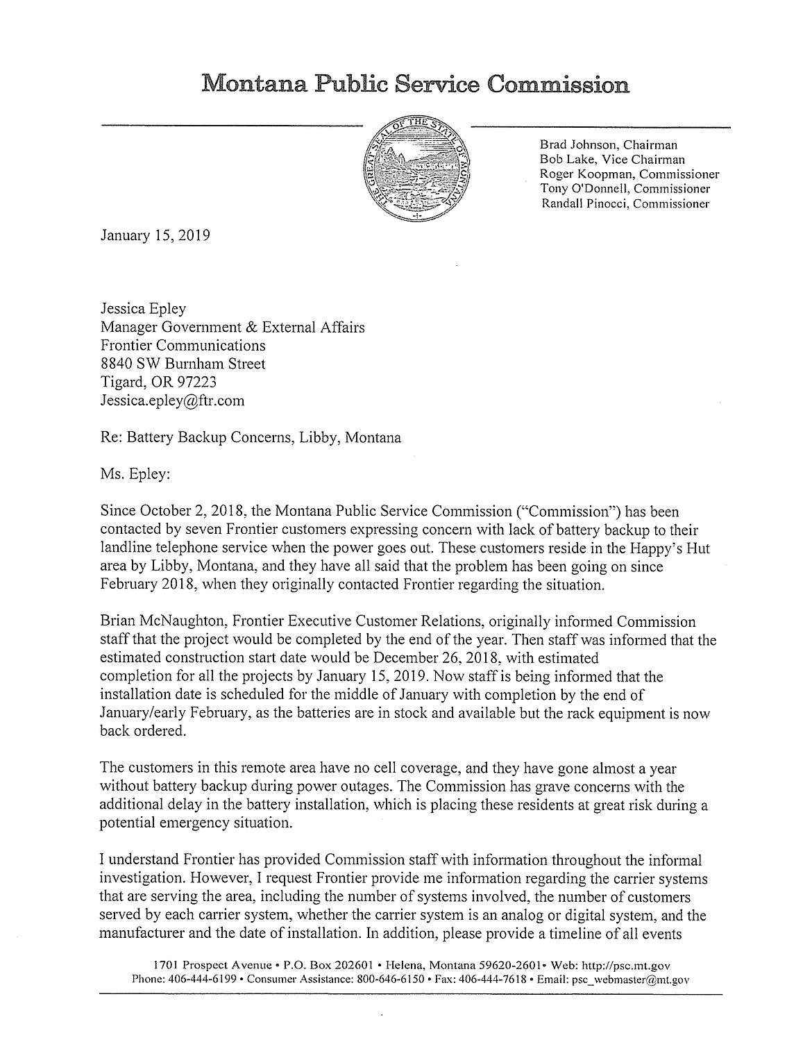 The first  page of the letter the Montana Public Service Comission sent to Frontier Communications on Jan. 15, 2019.