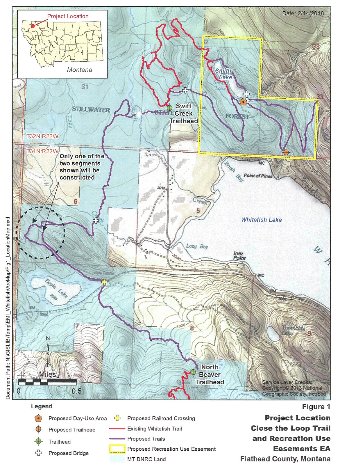 This map shows the proposed Whitefish Trail section and the recreation use easement around Smith Lake. (Map courtesy DNRC)