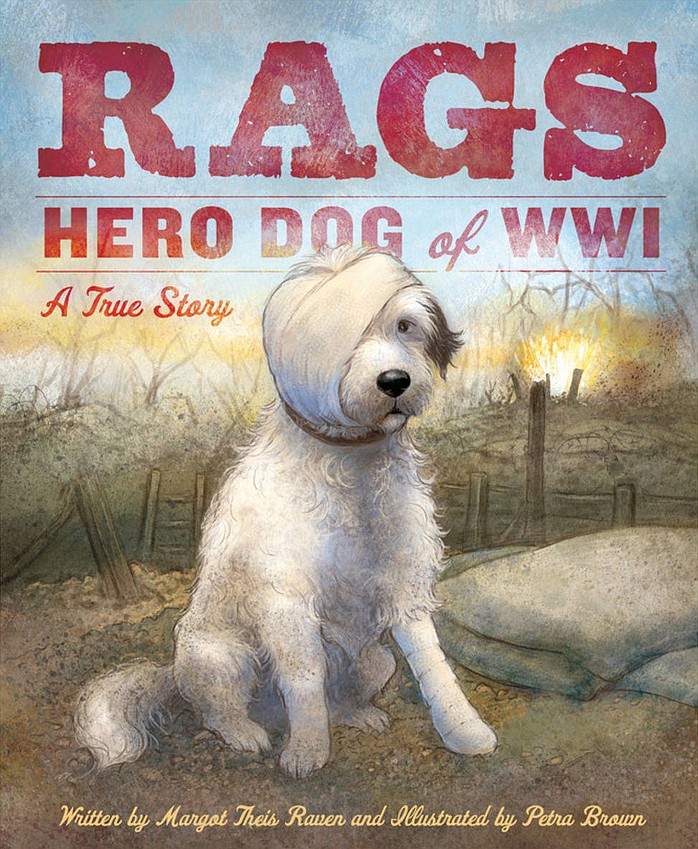 Illustration by PETRA BROWN/SLEEPING BEAR PRESS
U.S. Army 1st Division mascot Rags in World War I lost an eye due to gunfire shrapnel but lived to be 20 and then was given a funeral with military honors.