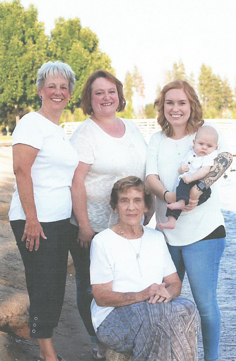 Five generations: (From left) Kathy Reynolds, Karyl Carper, Katie Hansen and baby Jax. Front row: Great-great-grandma Carol Wilson.