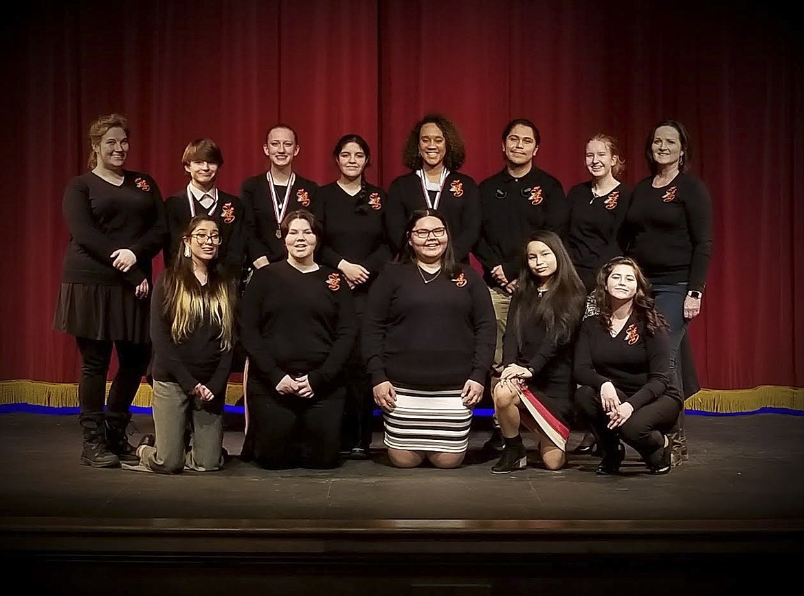 Ronan High School speech and debate team members who competed at the Western A Divisional are, front row from left, Sariel Sandoval (Origianal Oritory, Taylor Jackson (Original Oritory); Kyyen Shigley; and Oryssa Hall; and back row, coach Jessica Davis; d&#146;Artagnan Dominguez (4th Lincoln Douglas Debate); Aurrora Watkins (7th MPA); Diana Diaz; Kara Holmlund (3rd MPA, Extemporaneous Speaking); Thomas Yellow Bird; Kyra Waldoch; and coach Michelle Mallon. (Photo provided)