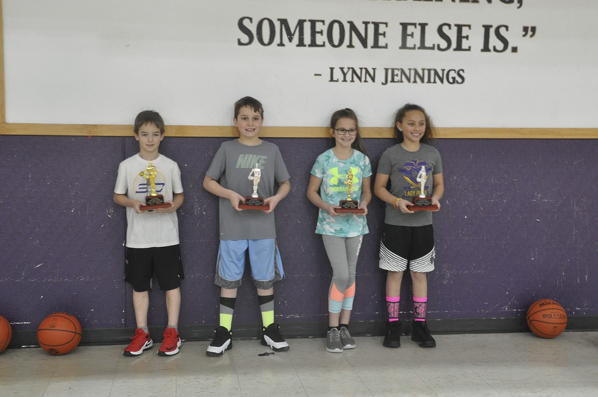 Place winners in the 8- to 9-year-old division of the district Elks Hoop Shoot, left to right, are Luke McCarthy, first, boys; Kellen Movat, second, boys; Clair Fantozzi, first, girls; and Rylee Taylor, second, girls. McCarthy and Fantozzi qualified for the state Elks Hoop Shoot set for Feb. 2 in Livingston.