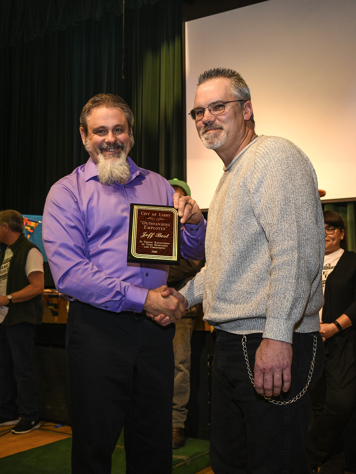 Jeff Best was presented with the City of Libby Outstanding Employee award by Mayor Brent Teske at the Libby Chamber of Commerce annual fundraiser and awards banquet Friday. (Ben Kibbey/The Western News)