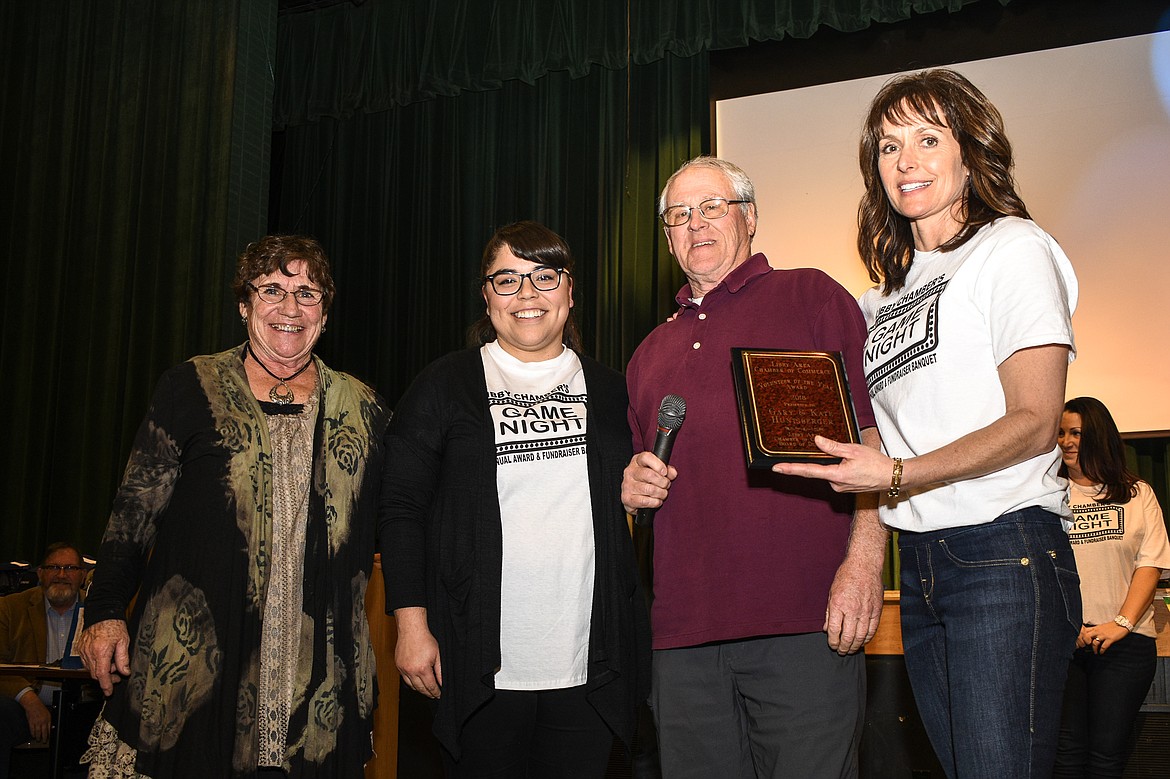 Kate and Gary Huntsberger jointly received the Volunteer of the Year award at the Libby Chamber of Commerce annual fundraiser and awards banquet Friday. Pictured: Kate Huntsberger, Alyssa Ramirez, Gary Huntsberger and Chamber Vice Preseident Kim Peck.  (Ben Kibbey/The Western News).