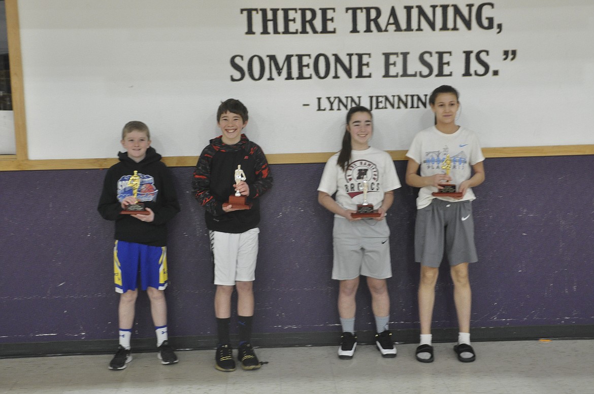 Place winners in the 12- to 13-year-old division of the district Elks Hoop Shoot held Jan. 12 in Polson, left to right, Ryan Beagle, first, boys; Conor Toivonen (Superior), second, boys; Taylor McCarthy, second, girls; and Avery Burgess (Noxon), first, girls. Beagle and Burgess qualified for the state Elks Hoop Shoot. Second-place finishers are alternates.
