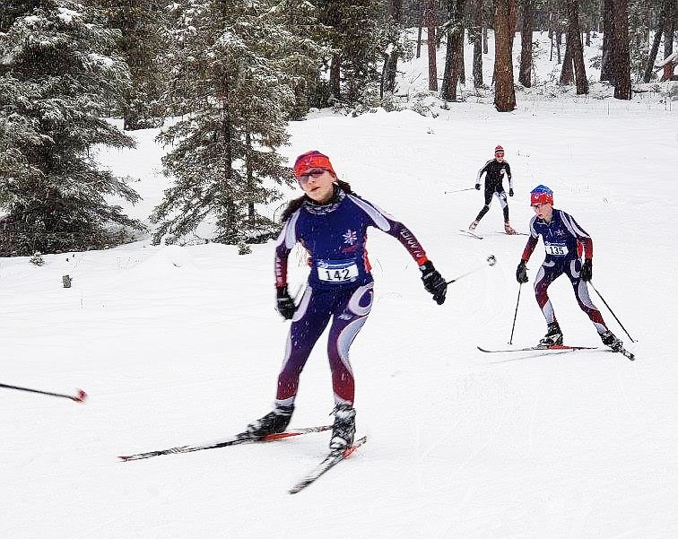 Charlotte Lehman and Ethan Amick race in the 3K Saturday at the Skiesta Youth Freestyle Races&#160;in Seeley Lake.  (Courtesy photo)