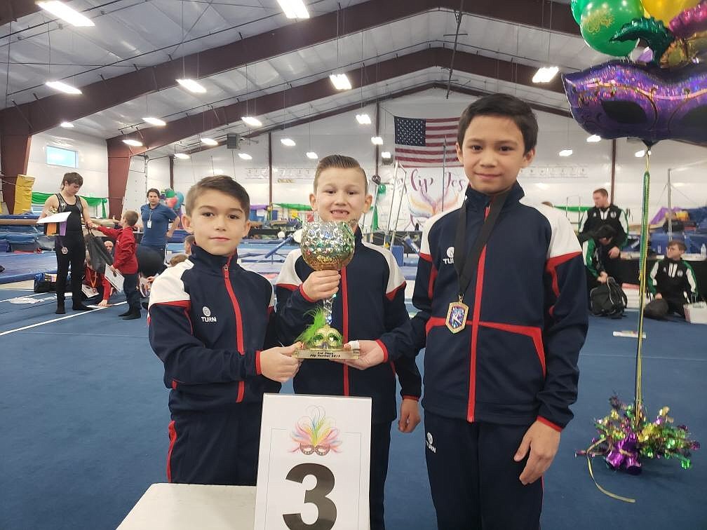 Courtesy photo
Avant Coeur Compulsory Boys took 3rd Place as a team in Spokane at the Flip Fest. From left are Dylan Coulson, Brayson Moore and John Glinski IV.