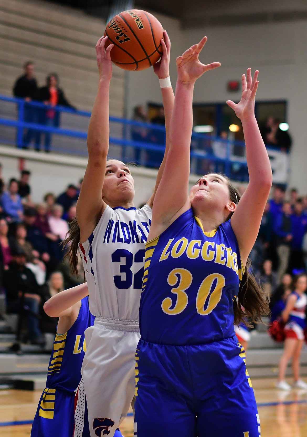 Madysen Hoerner pulls down a rebound over Libby's Sammee Bradeen Thursday. (Jeremy Weber photo)