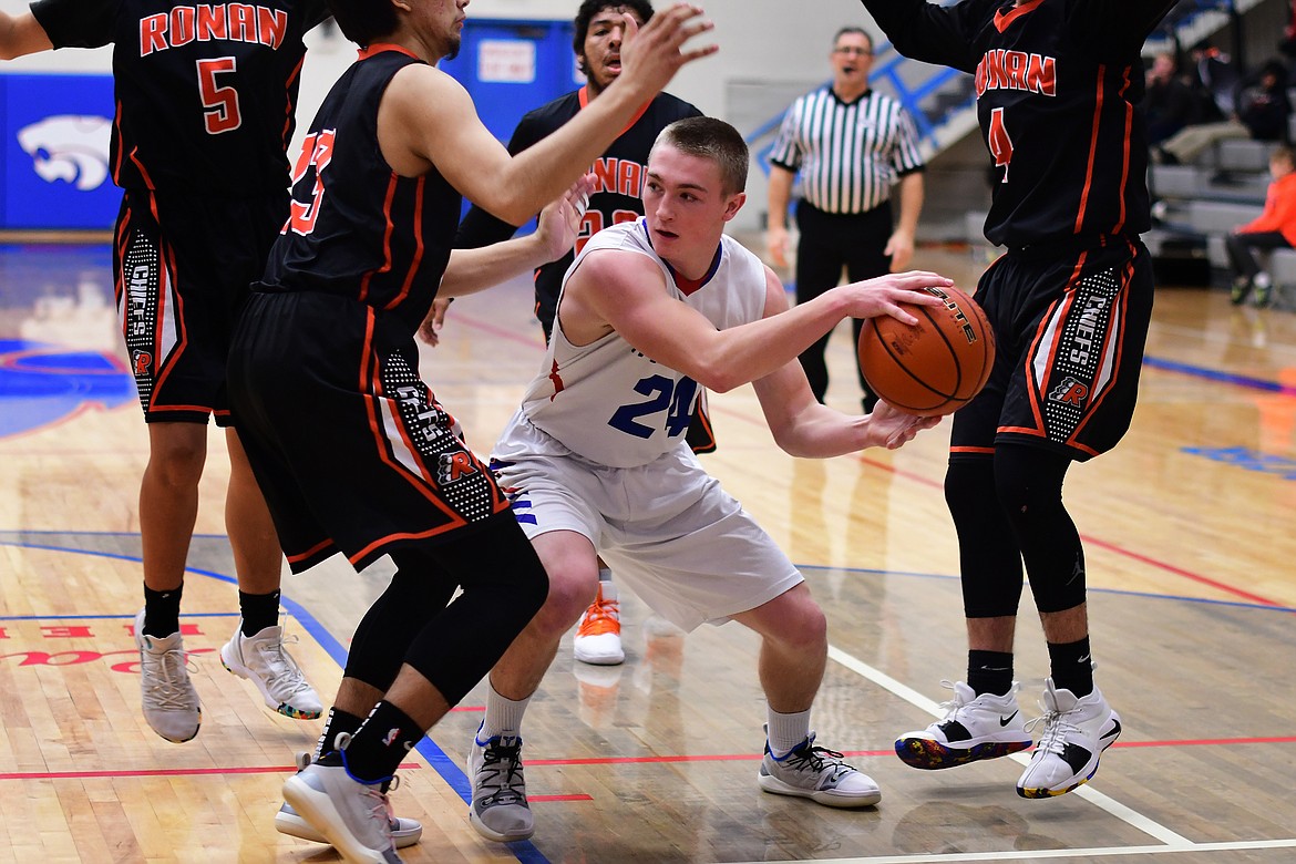 Logan Bechtel looks for someone to pass to against the swarming Ronan defense Tuesday. (Jeremy Weber photo)