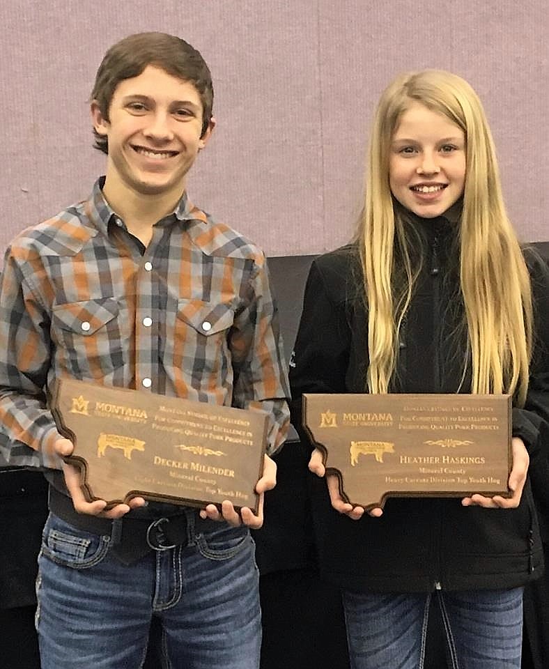 Mineral County 4-H members Decker Milender (13) and Heather Haskins (11) were both state champions in The Montana Symbol of Excellence (SOE) Program for their hog carcasses. This is the first time any local 4-H member has won first place. (Photo courtesy of Kami Milender)