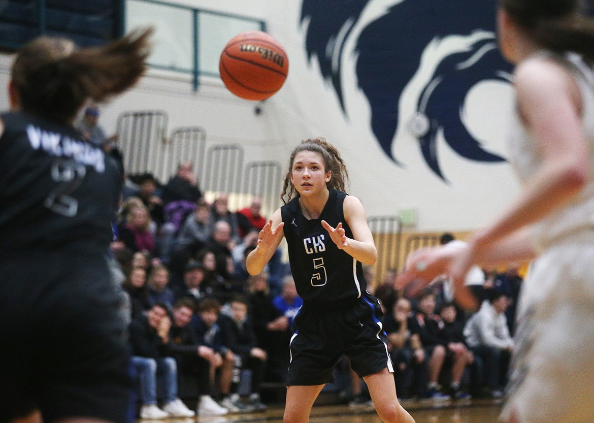 Coeur d&#146;Alene&#146;s Eily Minerath passes the ball to Jaelyn Brainard-Adams in Tuesday night&#146;s game against Lake City. (LOREN BENOIT/Press)