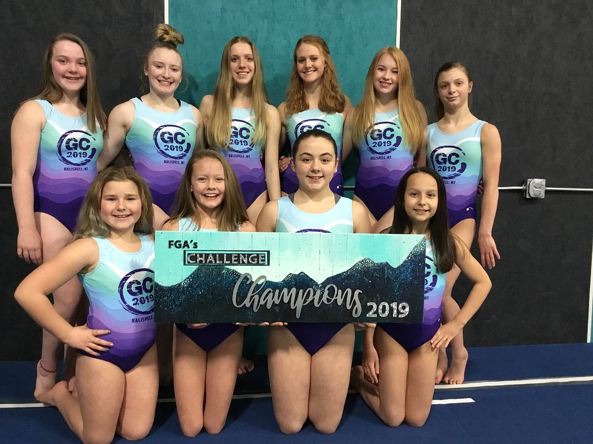 Courtesy photo
Technique Gymnastics was presented with the Challenge Champion Award, for the highest all around average for the Xcel Team at the recent Glacier Challenge. In the front row from left are Tatum Easterday, Lola Jeanselme, Mackenzie Wyant and Morgan Rossberg; and back row from left, Elyse Hemenway, Bethany Frey, Kaitlynn Butler, Amber Shoolroy, Natalie Brett and Mikalah Shouse.