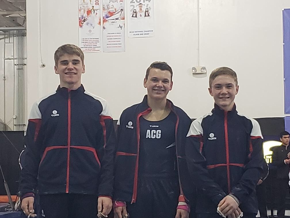 Courtesy photo
Avant Coeur Gymnastics Level 10 Boys competed in the Wu Guonian Classic in Newbury Park, Calif. From left are Henry Pals, Kyle Morse and Jesse St. Onge.