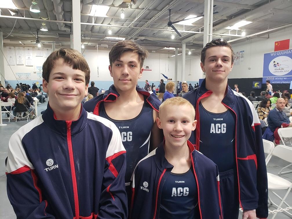 Courtesy photo
Avant Coeur Gymnastics Optional Boys competed in the Wu Guonian Classic in Newbury Park, Calif. In the front row from left are Daniel Fryling and Brandon Decker; and back row from left, Brayden Hoyt and Jon Winkelbauer.