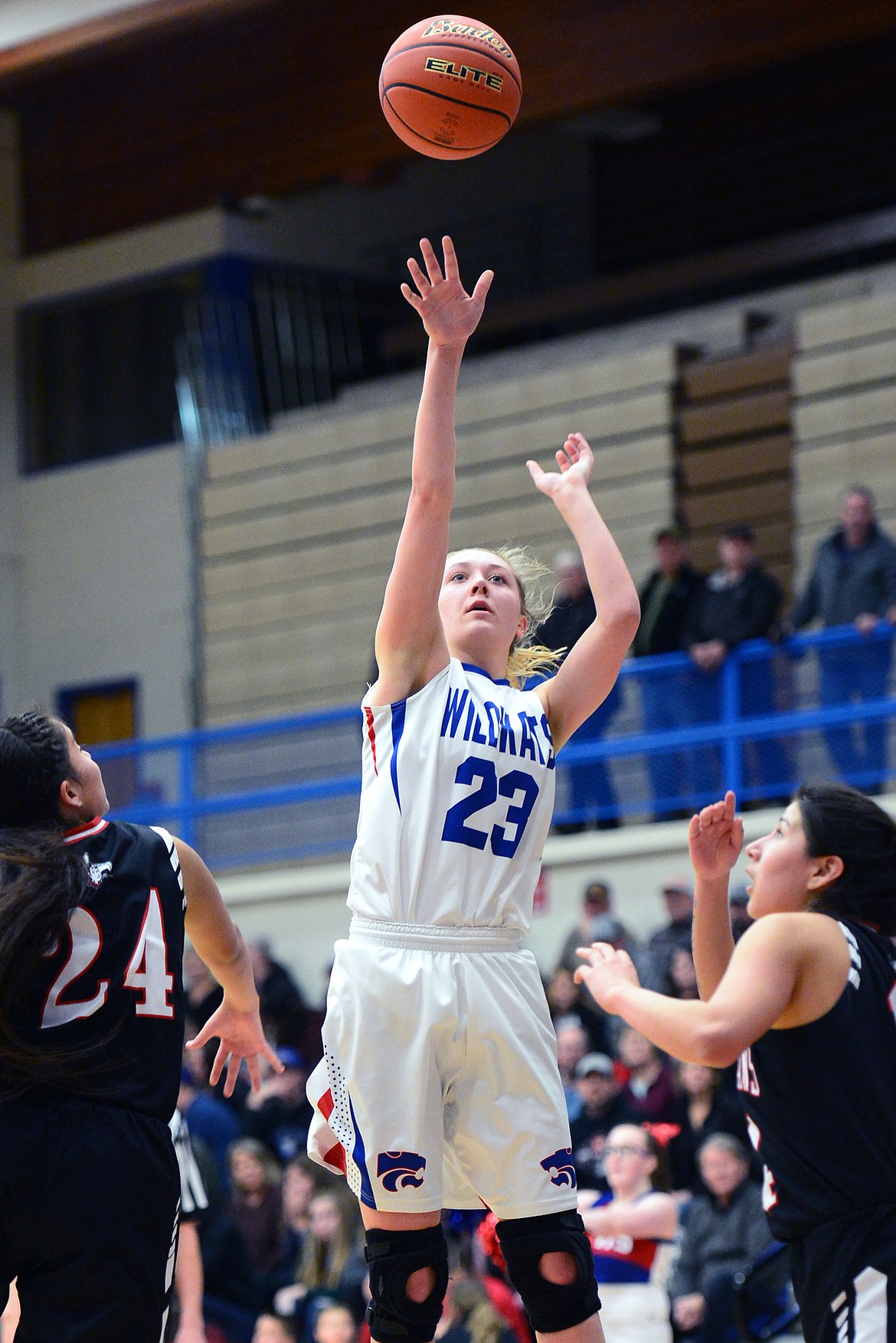 Columbia Falls' Ryley Kehr (23) looks to shoot in the second half against Browning at Columbia Falls High School on Saturday. (Casey Kreider/Daily Inter Lake)