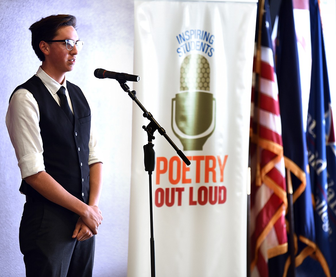 Joseph McDonald of Polson High School recites &#147;Self-inquiry before the job interview&#148; by Gary Soto in round one of the Montana Arts Council Poetry Out Loud high school competition, on Thursday at Flathead Valley Community College. (Brenda Ahearn/Daily Inter Lake)