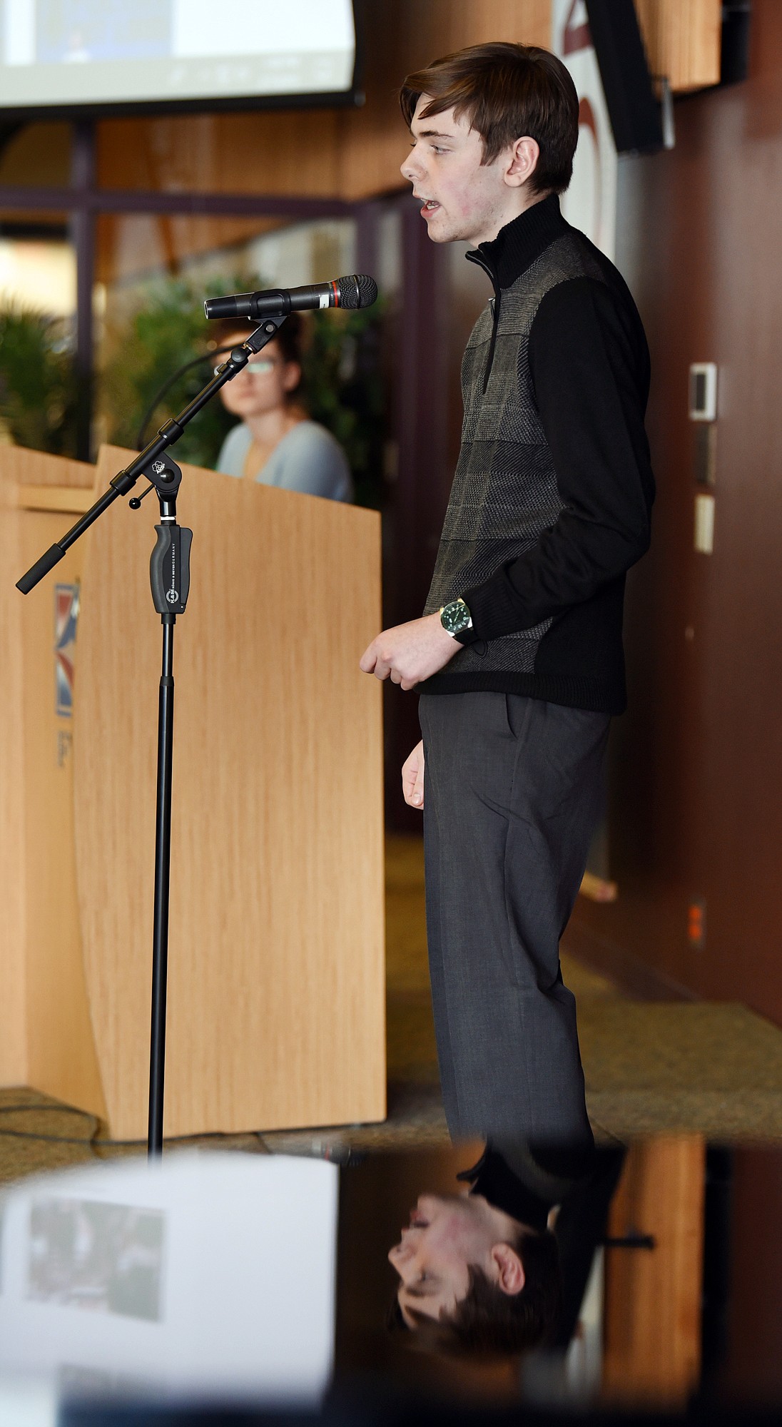 Derrick Neater of Flathead High School recites &quot;A Poison Tree&quot; by William Blake in round one of the Montana Arts Council Poetry Out Loud high school competition, on Thursday afternoon, February 7, at Flathead Valley Community College.(Brenda Ahearn/Daily Inter Lake)