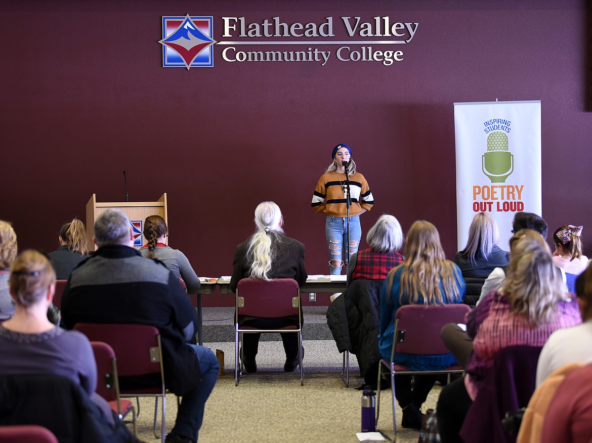 Tallulah Small of Chrysalis School Montana recites &quot;At the City Pound&quot; by Vincent O'Sullivanin round one of the Montana Arts Council Poetry Out Loud high school competition, on Thursday afternoon, February 7, at Flathead Valley Community College.(Brenda Ahearn/Daily Inter Lake)