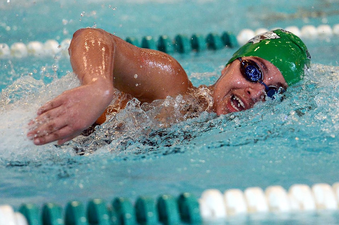 Glacier's A.J. Popp swims during the Girls 200 Yard Freestyle at the Kalispell Invitational swim meet at The Summit on Saturday. (Casey Kreider/Daily Inter Lake)