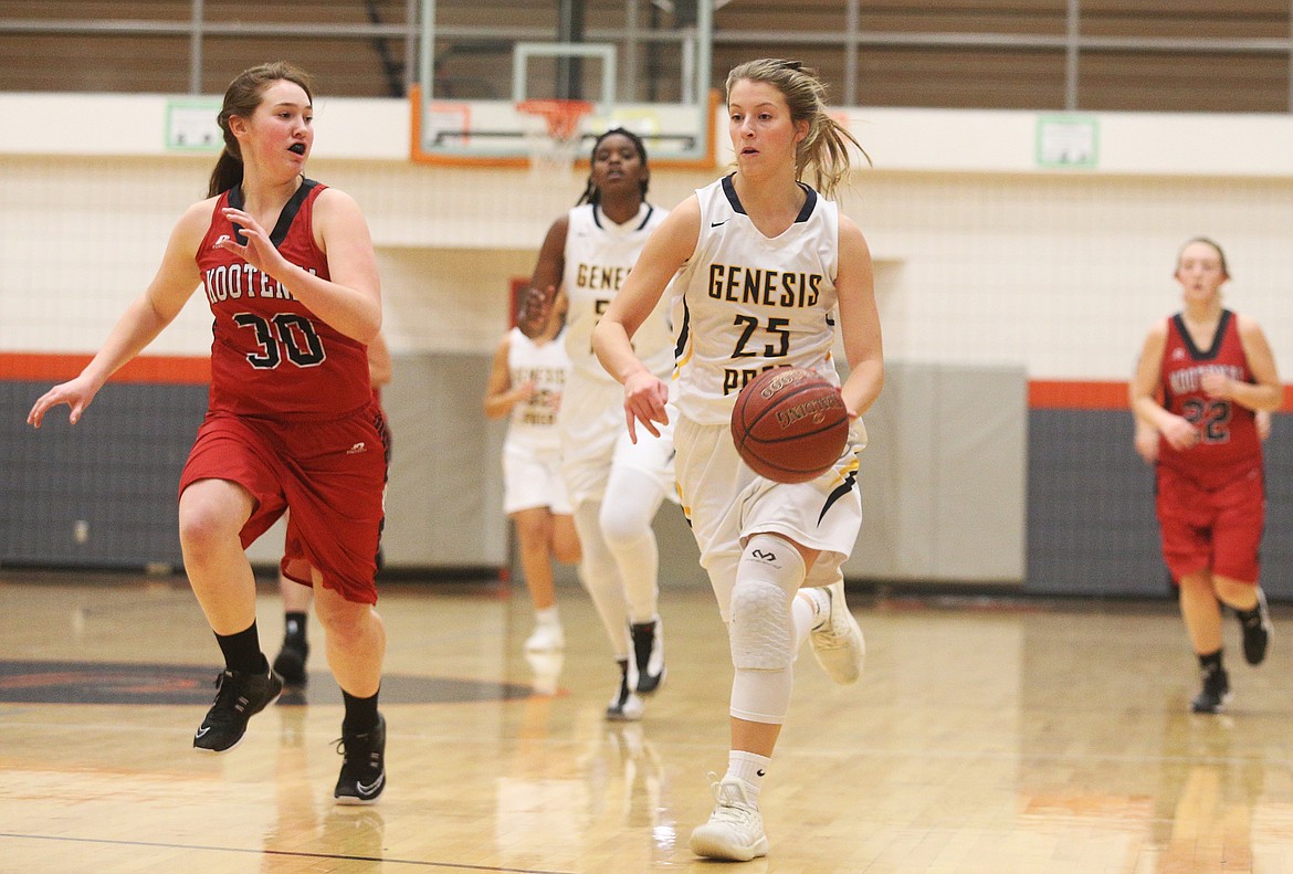 Genesis Prep guard Rachel Schroeder dribbles the ball down the court on a fast break against Abigail Tiller of Kootenai.