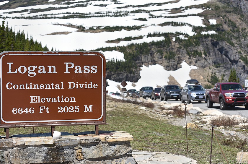 A long line of cars crawl up the Going-to-the-Sun Road near the Logan Pass Visitor Center parking lot on Wednesday. (Aaric Bryan/Daily Inter Lake)