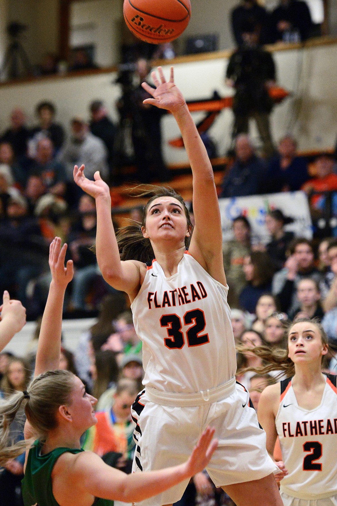 Flathead's Taylor Henley (32) looks to shoot against Glacier during a crosstown matchup at Flathead High School on Tuesday. (Casey Kreider/Daily Inter Lake)