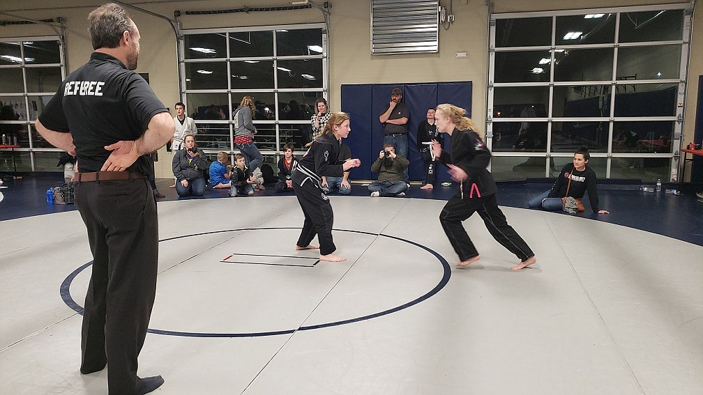 Courtesy photos
Sofia Brown (left) squares off with an opponent as the Bonners Ferry Jiu-Jitsu team competes in the Spokane Submission Challenge on Feb. 2.