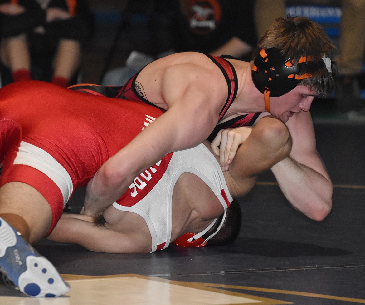 Plains/Hot Springs senior Josiah Vanderwall controls Colt Crawford of Arlee in the 138-pound championship match en route to a Western B-C Divisional tournament title last Saturday at Thompson Falls High School. (Joe Sova photos/Clark Fork Valley Press)