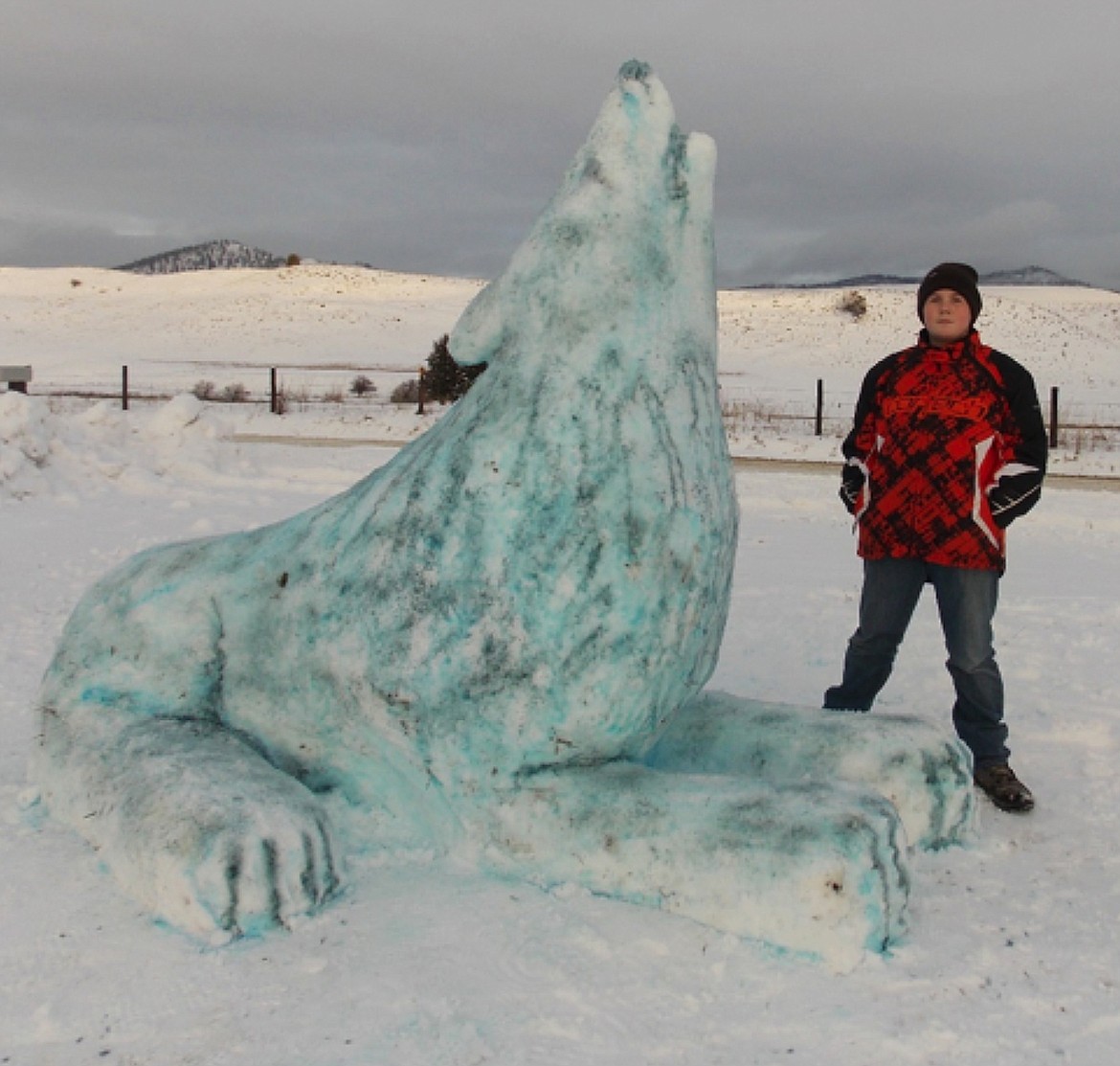 Josh Jurek spent many hours creating this howling wolf ice sculpture on his property in Plains. He used food coloring to bring the wolf to life. (Photos courtesy of Josh Jurek)