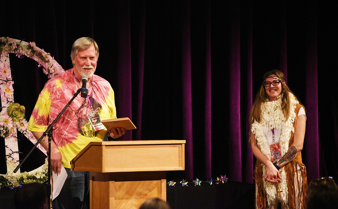 Kevin Gartland, executive director of the Whitefish Chamber, introduces Melissa Ellis as the Chamber Volunteer of the Year Thursday night during the Whitefish Chamber of Commerce&#146;s annual awards ceremony at the O&#146;Shaughnessy Center. (Daniel McKay/Whitefish Pilot)
