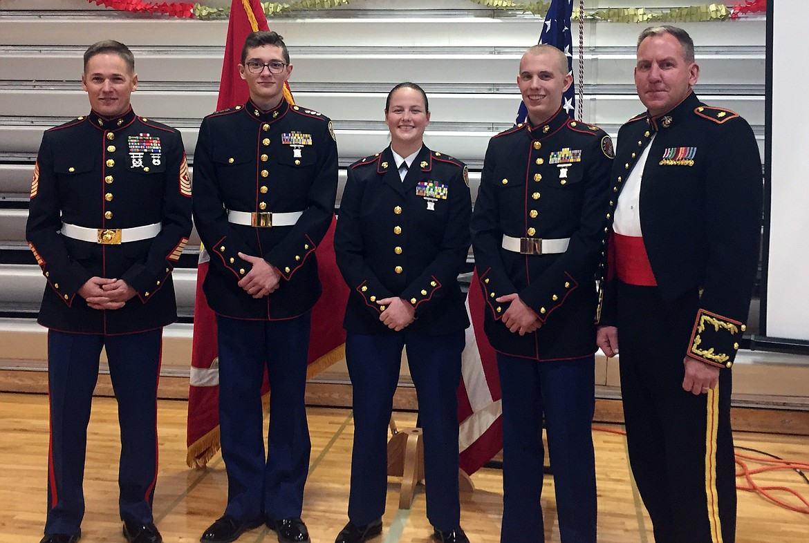 Courtesy photo
Kellogg High School senior and Junior Reserve Officers&#146; Training Corps Commanding Officer Shae Curran (center) stands with Sgt. Maj. Jeff Smith, Cadet Captain Mathias Benson, Cadet 1st Sgt. Jared White and Major Craig Petersen at the JROTC&#146;s Marine Corps Ball. Curran has been nominated for appointments to all of the major military academies.