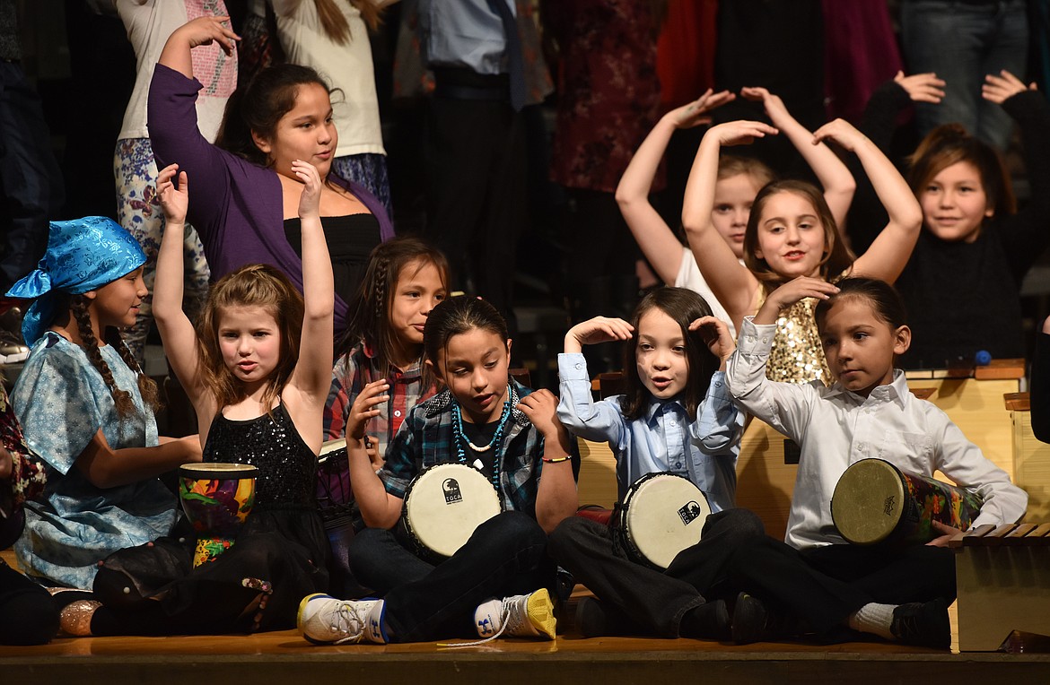 A group of third-grade students played drums during a song they presented during the Winter Music Program. They are, from left, Amitiel Schiele-Auld, Khloe Hamilton, Lynsey Rederow-Gieber, Xaner Clark, Pasca Peone, Elijah Cole, Allison Lamphere, Jett McMillian, Kaori Blood-Hando and Kurtis Wood.