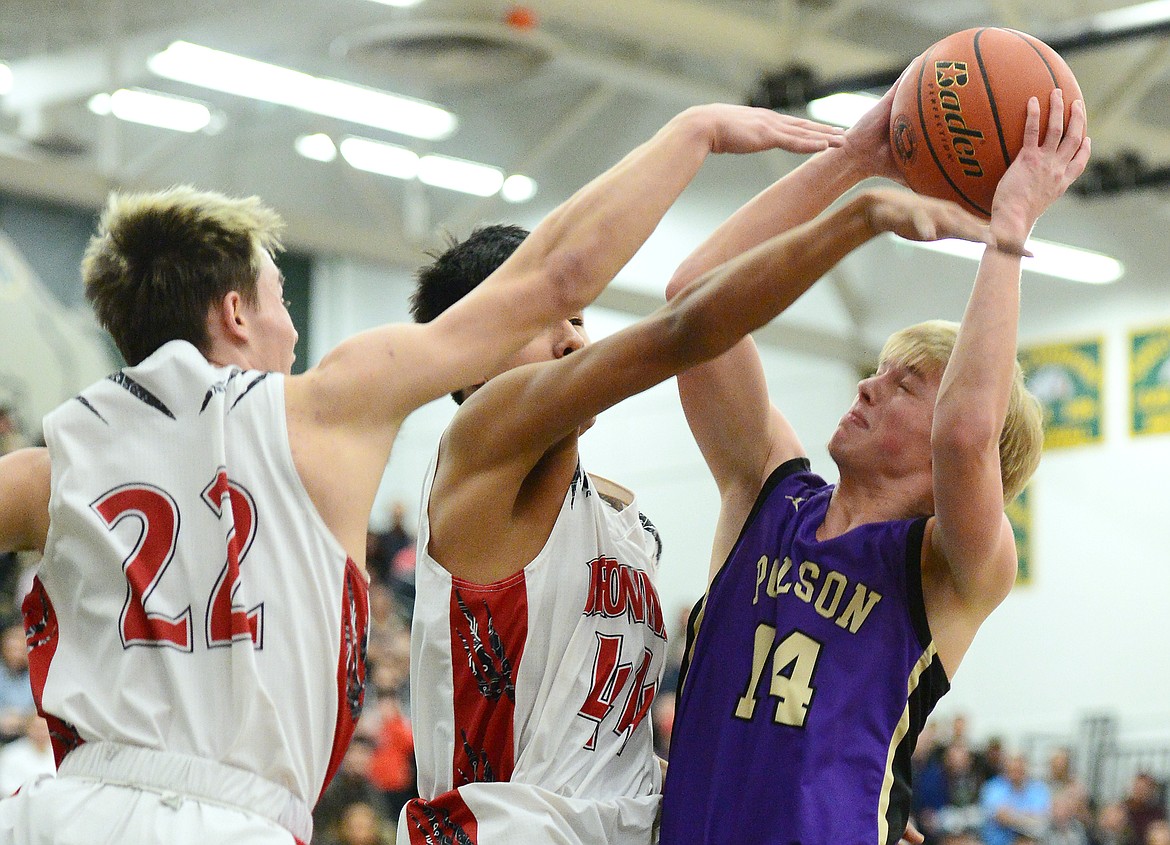 Polson's Trevor Schultz (14) looks to shoot with Browning's Brant Bremner (22) and Blayne DeRoche (44) defending during the Northwest A District boys' championship game at Whitefish High School on Saturday. Browning won, 78-50. (Casey Kreider/Daily Inter Lake)