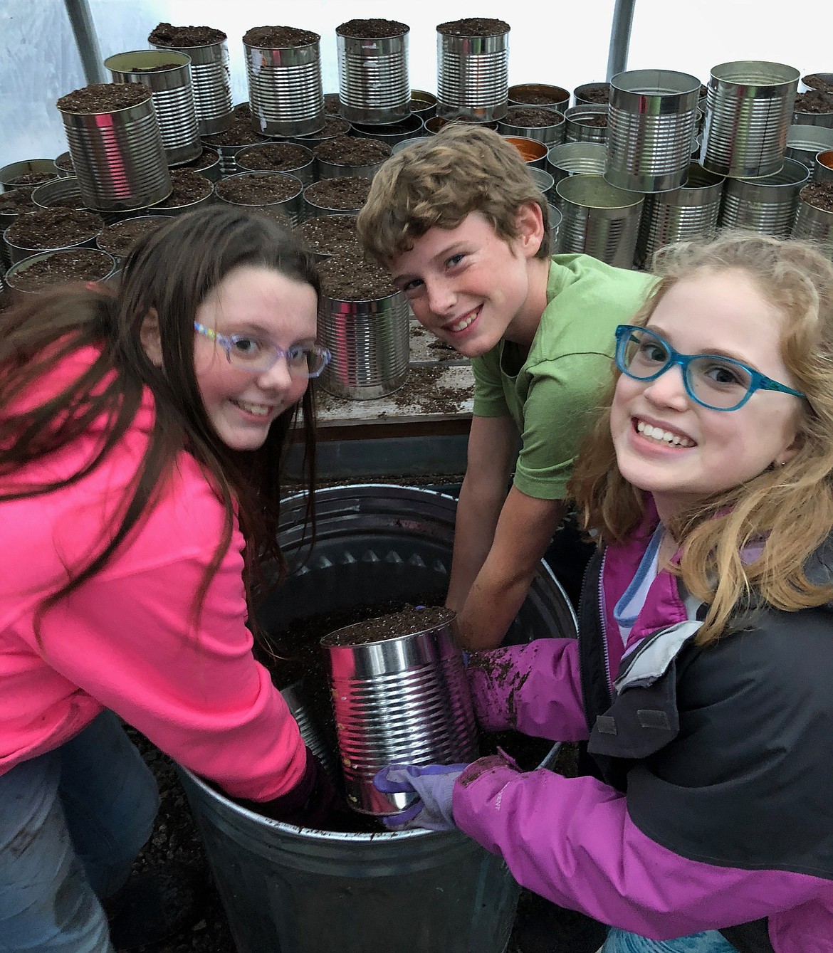 Shayla Littlefield, left, Ian Taylor and Karsten Towery dig into cans of tulips to prepare them for an early bloom to be given away to the residents of an assisted care facility for Valentine&#146;s Day. (Courtesy photo)