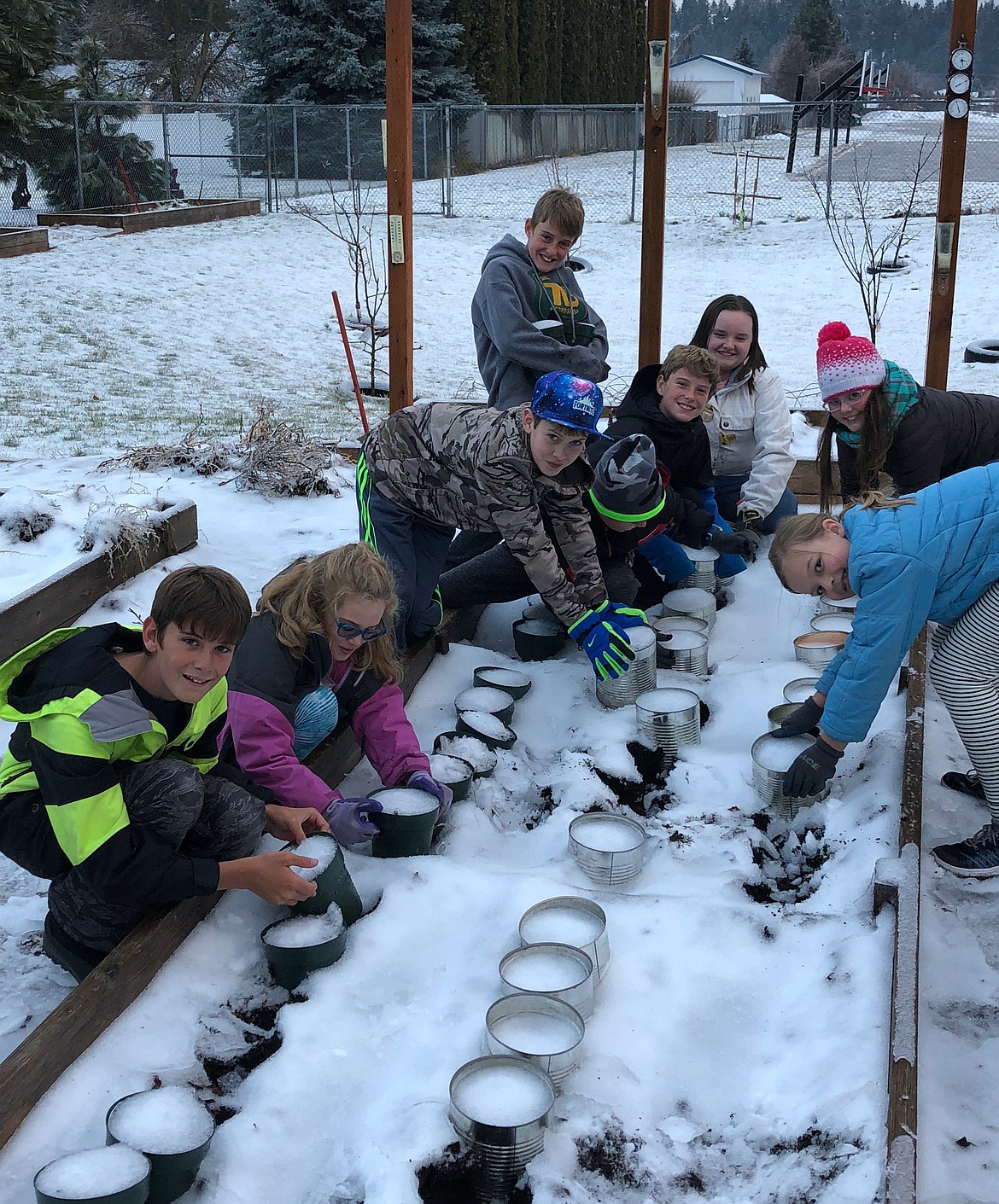 Courtesy photo
Hayden Meadows students dig up cans of tulips in early January to trick the flowers into blooming for Valentine&#146;s Day. From left: Gus Tayor, Karsten Towery, Carter Librande, Ian Taylor, Max Taylor, Hanna Donlan, Shayla Littlefield and Lena Carpenter.