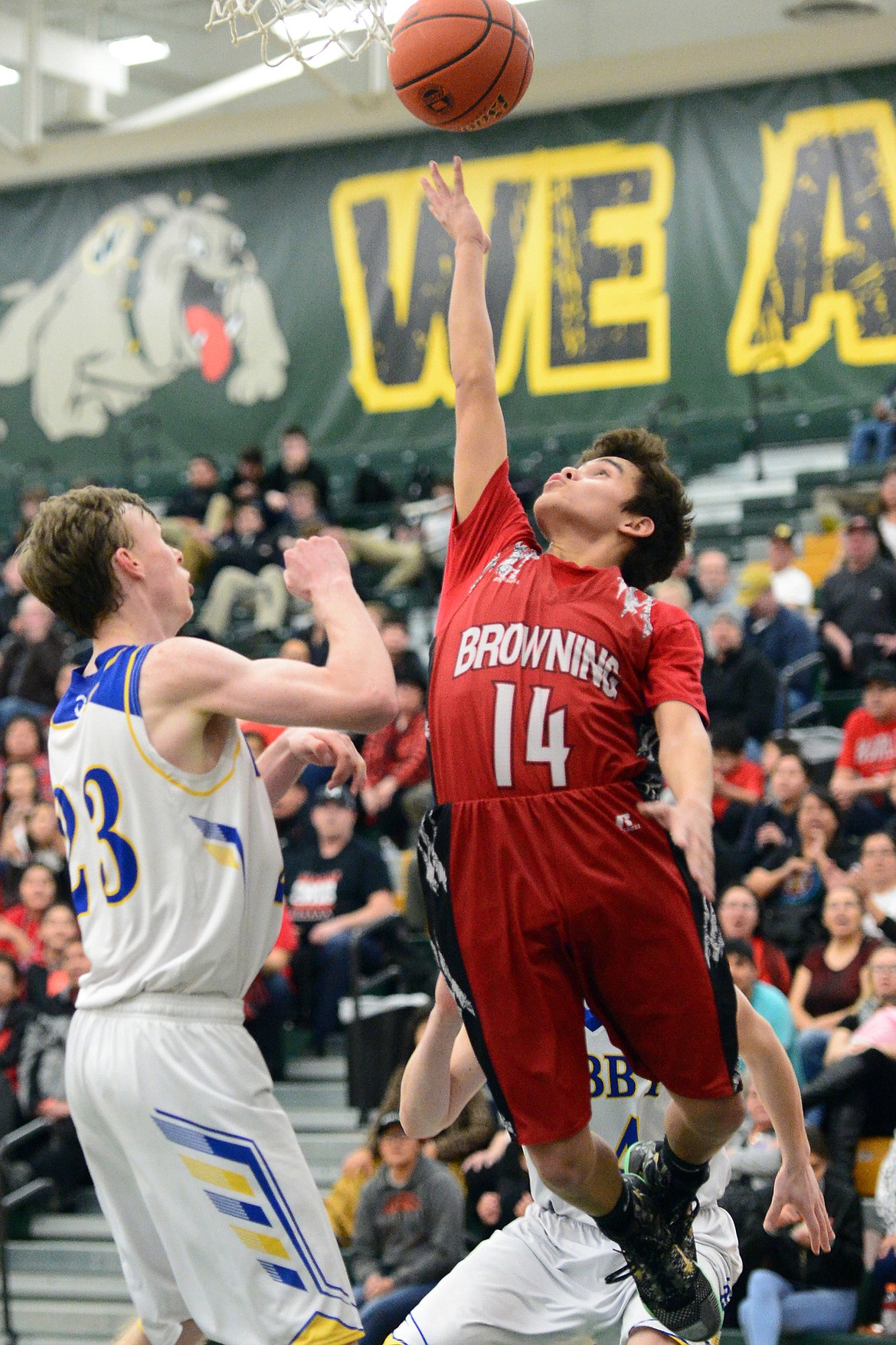 Browning's Derek Sharp (14) drives to the basket in front of Libby's Ryggs Johnston (23) at Whitefish High School on Friday. (Casey Kreider/Daily Inter Lake)