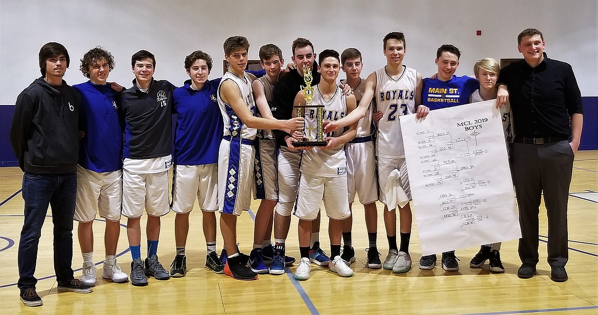 Courtesy photo
For the fourth year in a row the North Idaho Christian boys basketball team took first place in the Mountain Christian League and then won the MCL Tournament held at Pullman Christian School on Feb. 8-9. From left are coach Auston Henry, James Kelly, Josiah Desrochers. Phil Connelly, James Middlemore, Bryce Koontz, Tyler Thorsness, Cross Pilgrim, Neven Thorsness, Jordan Holmes, Wyley Pilgrim, Myles McKee and head coach Shawn Thompson.