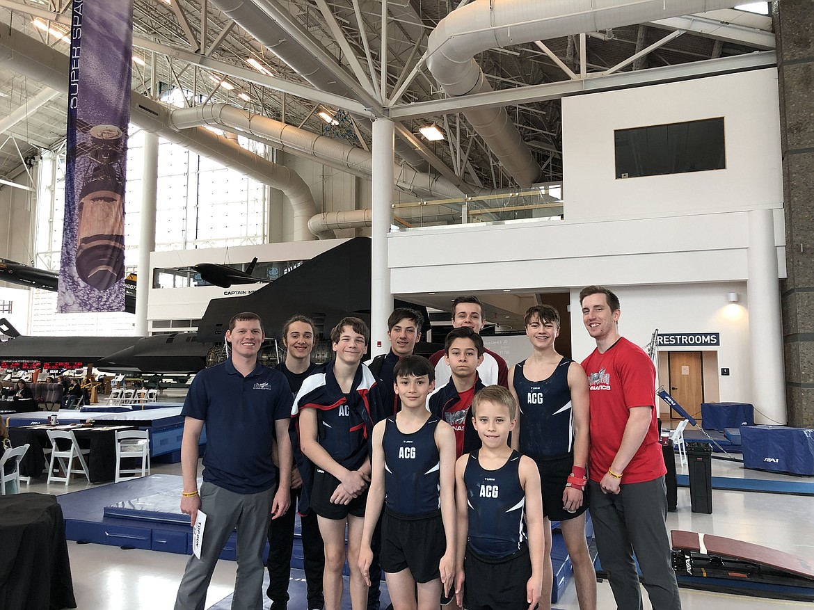 Courtesy photo
Avant Coeur Gymnastics JD and Level 8s at the Top Gun Challenge in McMinnville, Ore. JDs took 1st Place as a Team. In the front row from left are Grayson McKlendin and Malachii Organ; second row from left, Daniel Fryling, Aidan Rodebaugh, Brayden Hoyt and coach Jake Shaw; and back row from left, coach Jerry Blakley, coach Linkin Orth, Trey Brennan and Jon Winkelbauer.