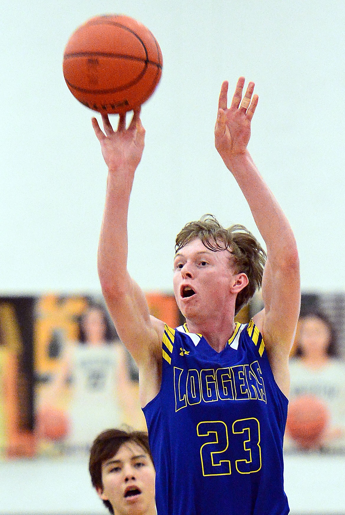 Libby's Ryggs Johnston (23) gets an open look at a three in the first half against Ronan at Whitefish High School on Thursday. (Casey Kreider/Daily Inter Lake)