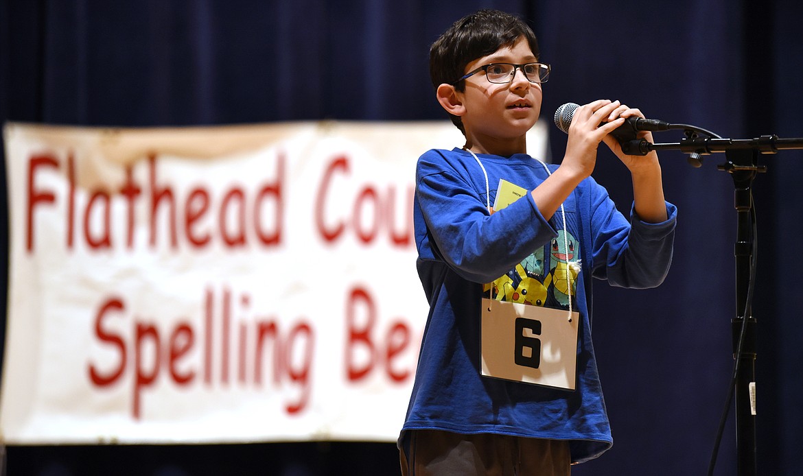 Matthew Ottman of Smith Valley steps up to the microphone in round one of the 2019 Flathead County Spelling Bee on Thursday afternoon at Glacier High School. The first word he was asked to spell was &#147;orange.&#148; (Brenda Ahearn/Daily Inter Lake)
