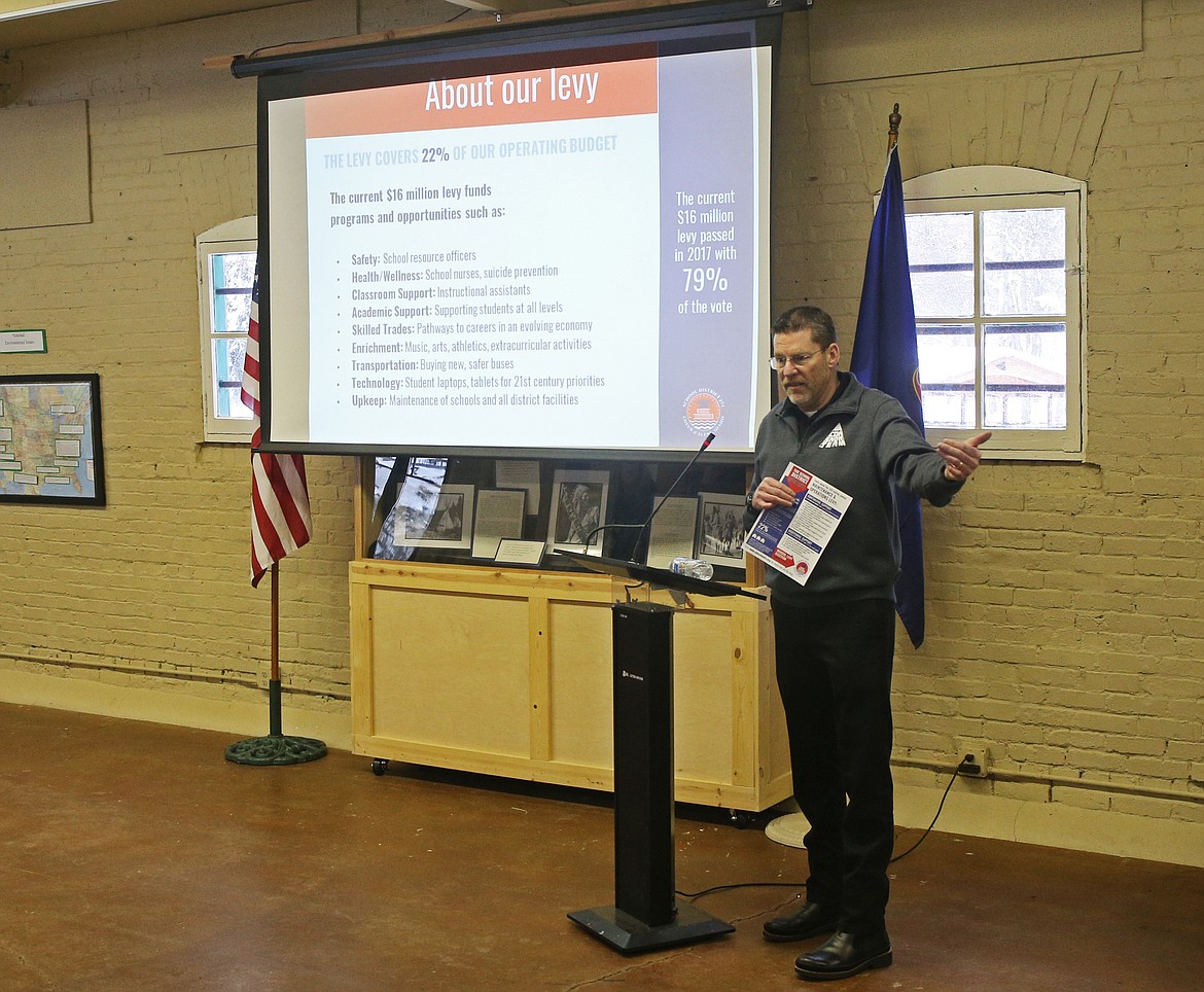 LOREN BENOIT/Press 
Coeur d&#146;Alene School District Superintendent Steven Cook gives a presentation about the district&#146;s upcoming levy vote Tuesday afternoon at the Human Rights Education Institute.