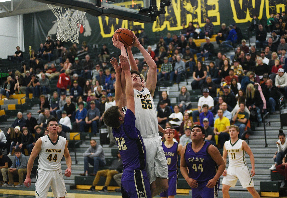 Dillon Botner posts up during Friday night&#146;s battle with Polson at the Northwest A District Tournament. (Daniel McKay/Whitefish Pilot)