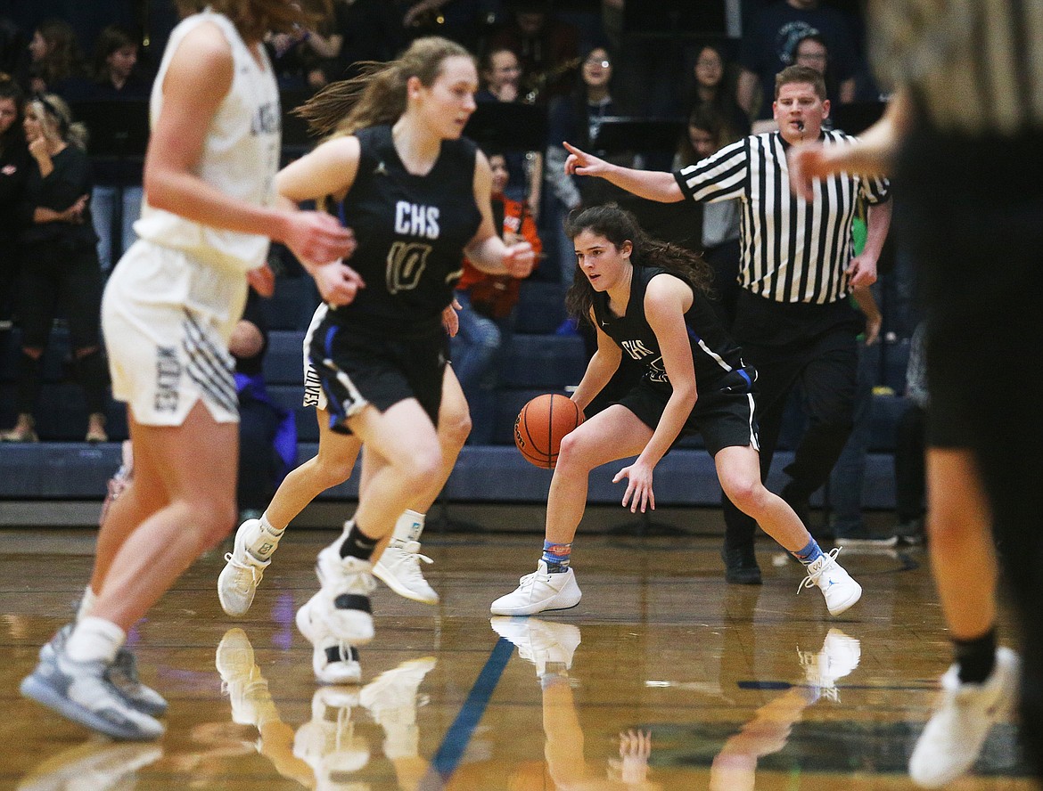 Coeur d&#146;Alene&#146;s Skylar Burke dribbles the ball down the court in the first half of Tuesday night&#146;s 5A Region 1 championship game against Lake City. (LOREN BENOIT/Press)