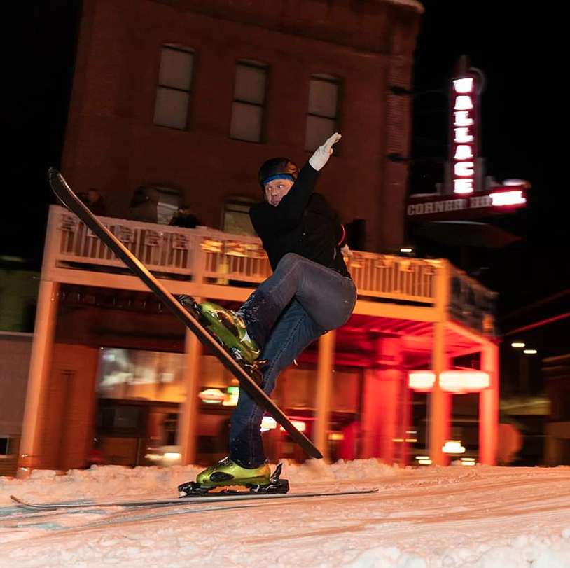 Photo by Nathan Dugan Photography Skijor participant Ryder Gauteraux fights to keep his balance after hitting a jump during one of his runs Saturday night.