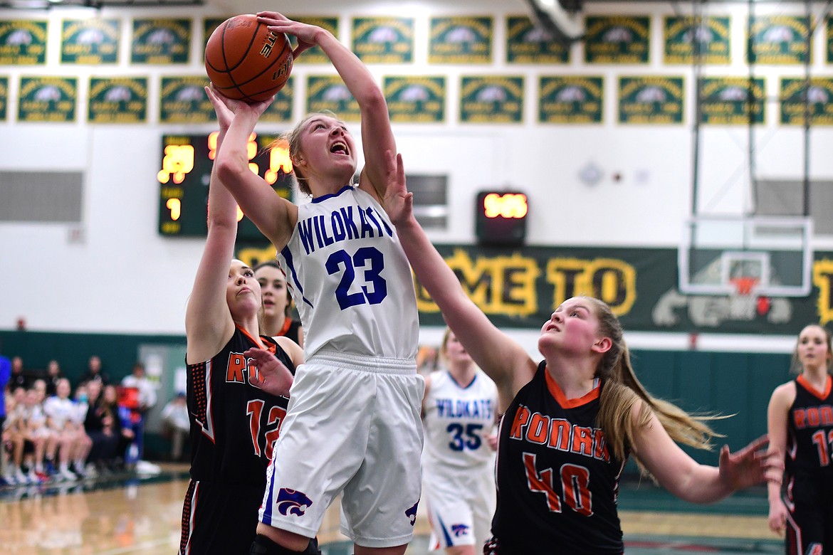 Ryley Kehr goes up for two of her game-high 26 points in the Wildkats&#146;s 74-34 win over Ronan Friday. (Jeremy Weber photo)