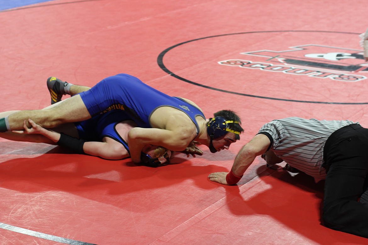 Libby senior Jeff Offenbecher pins Corvallis' Allan Allsop during the second consolation round of the 2019 MHSA State Championship this weekend. (Photo courtesy Don Madison)