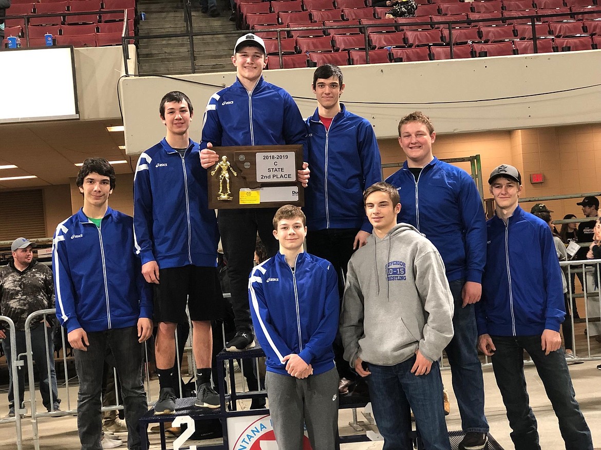 THE ALL-CLASS State Wrestling Tournament was held in Billings on Feb. 8 and 9. The Clark Fork Mountain Cats earned second place in Class C. Trey Green from Superior placed fourth in the 182-pound class. (Photo courtesy of Charlie Crabb)